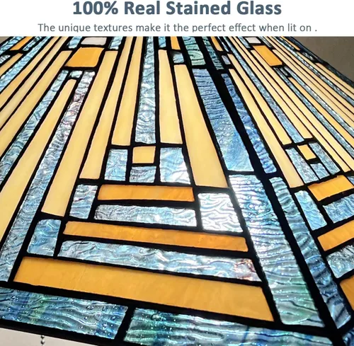 Miniatura 3 de Tiffany - Lámparas de mesa de 16 pulgadas de ancho hechas a mano con vitrales para lectura, 2 luces, estilo misión azul, luz de mesa antigua