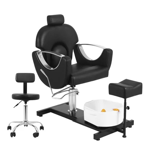 Silla de pedicura giratoria de 360° con taburete y baño de pies de masaje, estación de pedicura hidráulica de altura ajustable sin plomería para