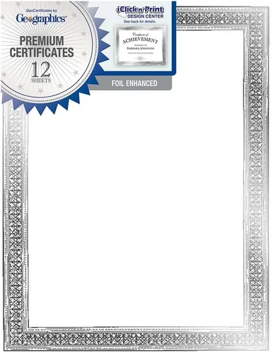 Geographics Papel certificado de premio en blanco, 8.5 x 11 pulgadas, lámina plateada de primera calidad y diseño de borde plateado (paquete de 12)