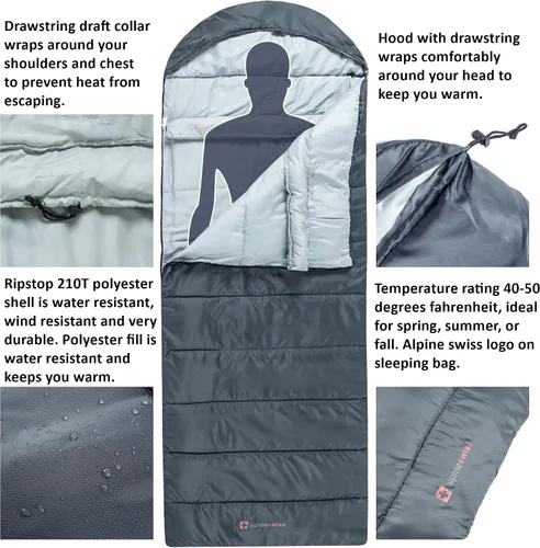 Miniatura 3 de Alpine Swiss Saco de dormir de 32.0 °F (32°F), ligero, impermeable, con saco de compresión, para adultos, para todas las estaciones, camping, Gris