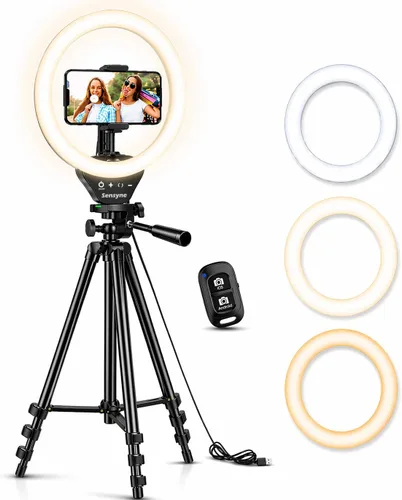 SENSYNE - Anillo de luz de 10 pulgadas con soporte de trípode extensible de 50 pulgadas, luces circulares LED con soporte para teléfono para