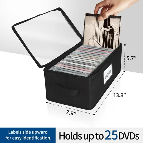 Miniatura 4 de Paquete de 2 cajas de almacenamiento de tela para DVD con tapa de PVC transparente, capacidad para 25 fundas de DVD estándar, tela no tejida