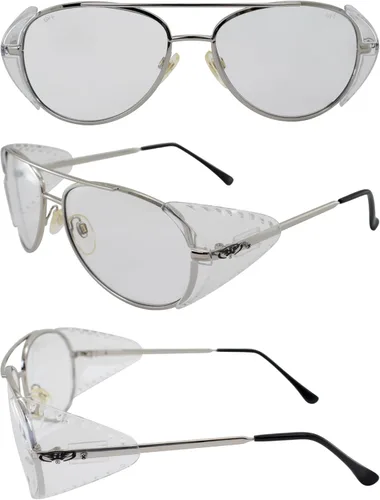 Miniatura 7 de Global Vision Gafas de seguridad de aviador transparente UV400 con lente de policarbonato brillante, marco de metal plateado con protectores