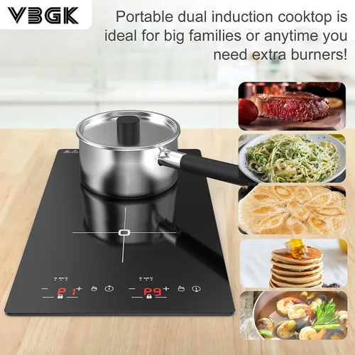 Miniatura 2 de VBGK Placa de cocción de doble inducción, 2300 W, 110 V, portátil, con pantalla táctil LED, 9 niveles de configuración, placa eléctrica con bloqueo