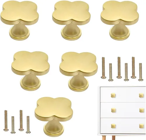 Miniatura 12 de 6 piezas de manijas de pomo de trébol de cuatro hojas de latón, pomos dorados para gabinetes, cajones, cómodas, muebles, cocina, armario, baño