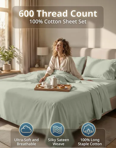 Miniatura 2 de LANE LINEN Sábanas tamaño King – Juego de sábanas de 600 hilos de algodón 100% de fibra larga para cama King, producidas de manera sostenible