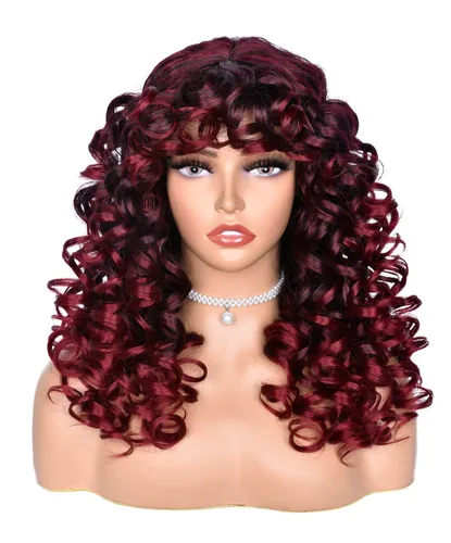 Miniatura 11 de ANNISOUL Pelucas rizadas marrones para mujeres negras, peluca afro larga con flequillo para mujeres, fibra sintética sin pegamento, pelo voluminoso