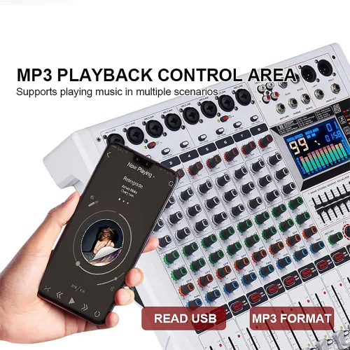 Miniatura 4 de GF8PRO - Consola de DJ profesional de 8 canales, con ecualizador de 7 etapas, 99 efectos de reverberación, pantalla LCD a color, función de silencio