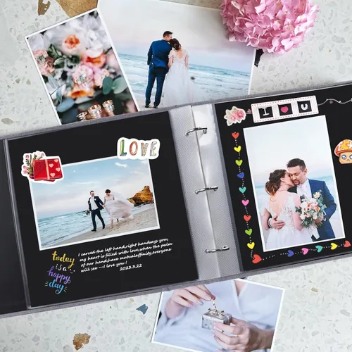 Miniatura 6 de 1DOT2 8x8 DIY pequeño álbum de recortes con 3 anillas, álbum de fotos, diario con 30 fundas de plástico, 60 páginas y cubierta de tela para bebé