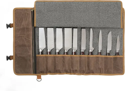 Miniatura 8 de Bolsa de rollo de cuchillo de lona encerada resistente, bolsa portátil para cuchillos de chef, duradera (verde militar)