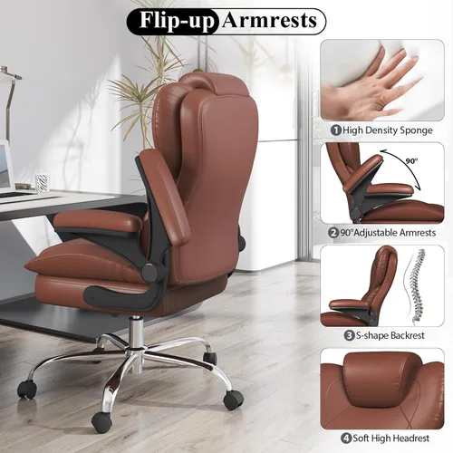 Miniatura 5 de Silla de escritorio de oficina, silla de oficina ejecutiva de cuero, silla de escritorio ergonómica de respaldo alto con brazos abatibles Marrón