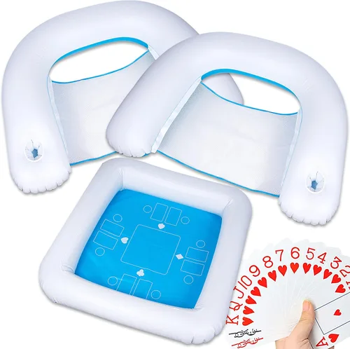 ZONETECH Mesa de juego inflable y sillas con cartas de juego impermeables, mesa flotante para piscina para adultos, familia, fiesta, juego de