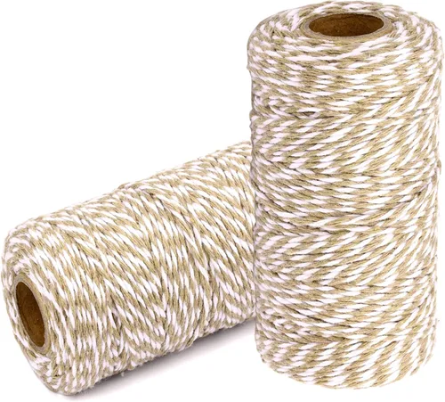 Miniatura 21 de Cuerda de algodón para panaderos: 2 rollos de cordel para envolver regalos de manualidades, hilo de oro de 656 pies, hilo blanco para cocina 24