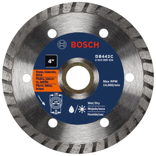 Miniatura 4 de BOSCH DB442S Hoja de diamante con borde turbo estándar de 4 pulgadas con eje de 5/8 pulgadas, 7/8 pulgadas para aplicaciones de corte húmedo y seco