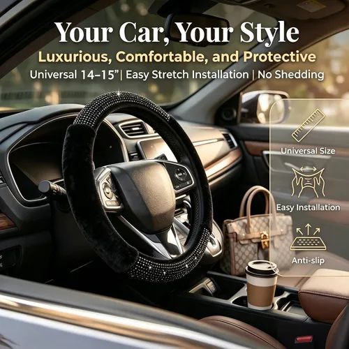 Miniatura 2 de Funda para volante con destellos para mujeres y niñas, cubierta de volante de diamantes de imitación de color negro con brillantes de piel