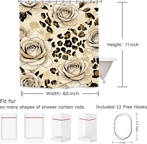 Miniatura 6 de Cortina de ducha de baño con diseño de flores de leopardo y rosas, 60 pulgadas de ancho por 71 pulgadas de alto, color marrón, marrón, marrón