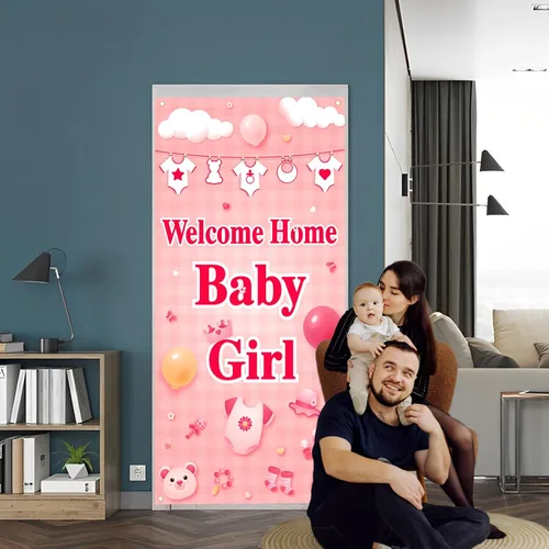 Miniatura 5 de Labakita Cartel de bienvenida para puerta de bebé niña, cartel con texto en inglés "It's a Girl Welcome Baby Girl", decoración de baby shower