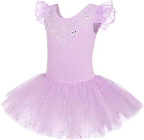 Flypigs Leotardos de ballet para niñas, vestidos de tutú de bailarina con falda brillante, manga con volantes, vestido de baile de ballet