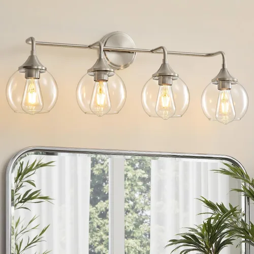 Miniatura 15 de Lámpara de Tocador de Baño Dorada con Pantalla de Vidrio Transparente, Base E26, Luminarias de Baño de 2 Luces Sobre Espejo, Luces de Tocador de 14