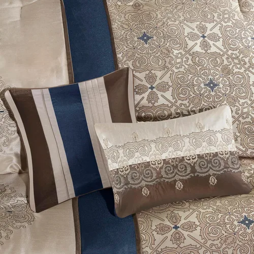 Miniatura 4 de Madison Park Edredón de seda sintética, diseño tradicional de jacquard lujoso para todas las estaciones, falda de cama a juego, almohadas
