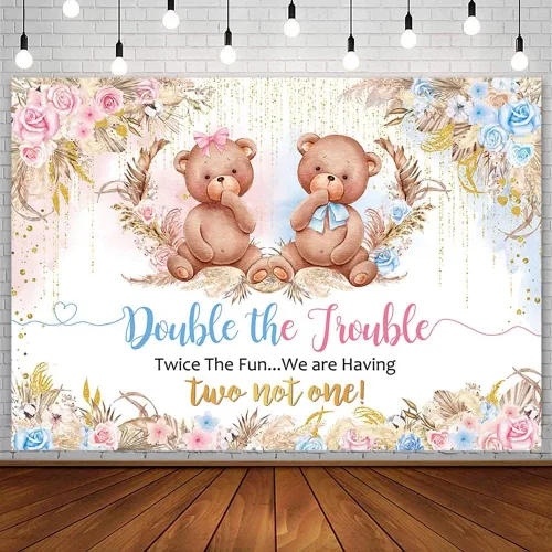 AIBIIN Fondo de 7 x 5 pies, diseño de oso doble The Trouble Baby Shower It's Twins, decoración de fiesta de baby shower, dos veces la diversión con