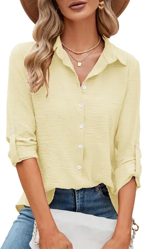 Miniatura 29 de Odosalii - Camisas con botones para mujer, con cuello en V, manga larga, enrolladas, blusas elegantes y formales para negocios y ocasiones casuales