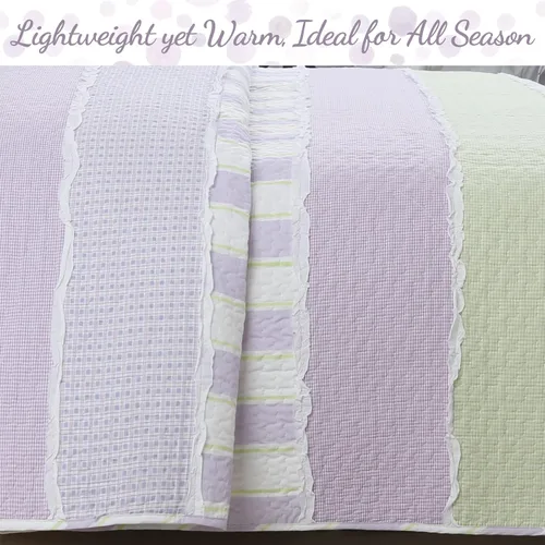 Miniatura 6 de Cozy Line - Juego de edredón de rayas verdes lavanda y puntos morados, 2 piezas, 100% algodón, reversible, para todas las estaciones, con fundas