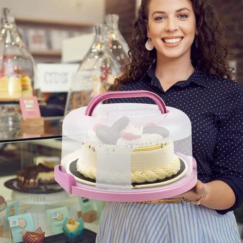Miniatura 5 de Zoofen - Porta pasteles de plástico con asa de 10 pulgadas, soporte para tartas con tapa, contenedor de pastel rosa para tartas redondo de 10