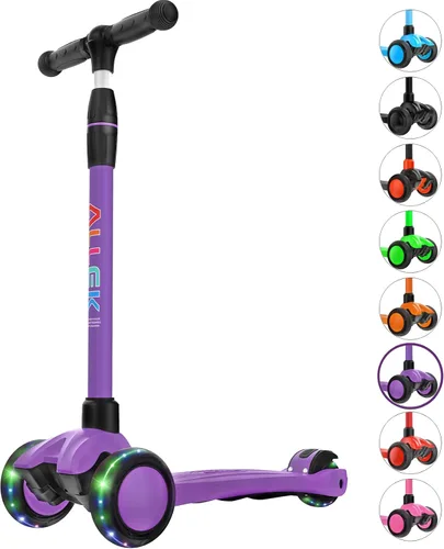 Allek - Kick Scooter B03. Monopatín de 3 ruedas de Poliuretano iluminadas, extra anchas con sistema inclinable y deslizante (Lean 'N Glide), Morado