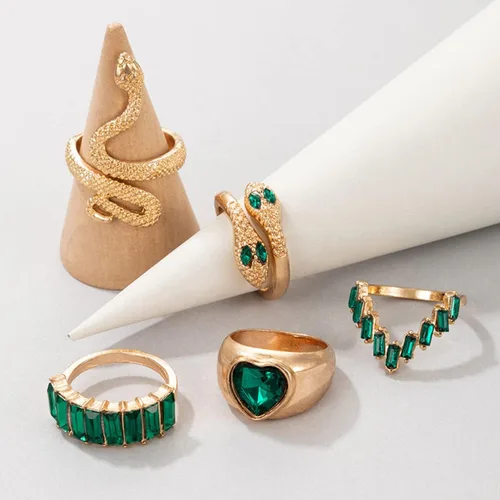 Miniatura 5 de Anillos de serpiente de cristal verde para mujeres y adolescentes, conjuntos de anillos de dedo apilables estilo bohemio, retro, anillos simples a