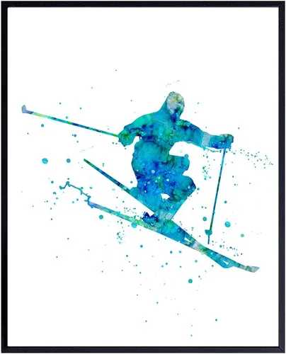 Impresión artística de pared de acuarela de esquí, foto sin marco de 8 x 10 pulgadas, gran regalo para esquiadores y snowboarders, decoración