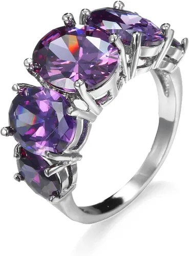 Vsoruln Anillo vintage de plata de ley 925 con 5 piedras y amatista morada, circonita cúbica, con piedra natal simulada, relleno de talla 6-10 (8)