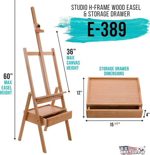 Miniatura 2 de U.S. Art Supply Caballete grande de madera con marco en H con cajón de almacenamiento y estante, mástil ajustable a 75 pulgadas, caballete