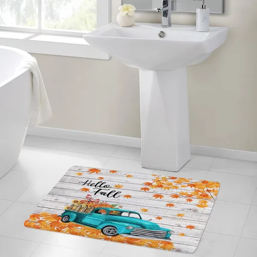 Miniatura 6 de Alfombra de baño con diseño de girasol amarillo otoñal y calabaza naranja sobre camión azul vintage, tapete de baño con texto en inglés "Hello