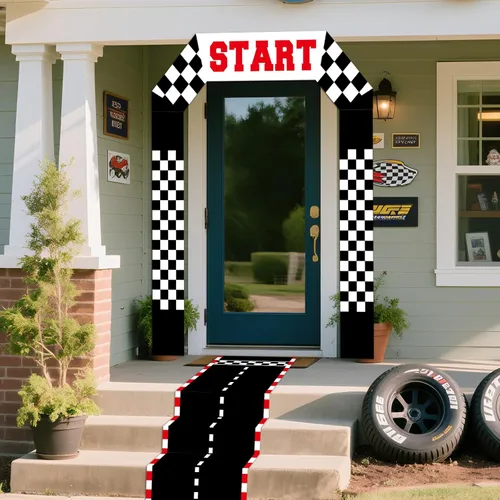 Miniatura 4 de Decoración de puerta de auto de carreras, pancarta de tela a cuadros para puerta de cumpleaños, tapete de pista de carreras para colgar