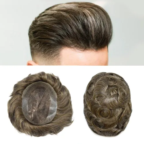 Miniatura 14 de Peluca de cabello humano para hombre, tupé de cabello humano suave para hombre, centro de encaje suizo suave, tupé adjunto con poliuretano alrededor