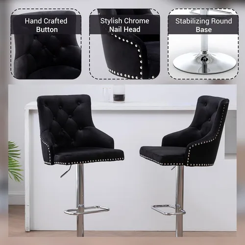 Miniatura 6 de BTEXPERT - Taburete de comedor tapizado de 25 a 33 pulgadas con respaldo alto, taburete de barra con cabeza de clavo copetudo negro (1)