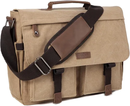 VASCHY - Bolsa tipo mensajero para hombre, estilo vintage, resistente al agua, de lona, 14, 15.6, 17 pulgadas, maletín para laptop