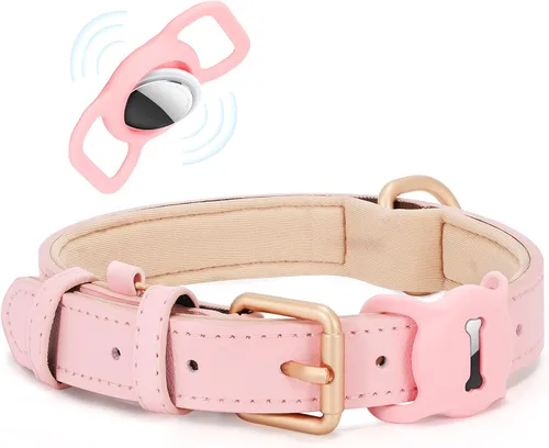 Airtag - Collar de cuero para perro pequeño, mediano y grande, ajustable, suave, acolchado, collar de cachorro, collar de hebilla de metal Rosa