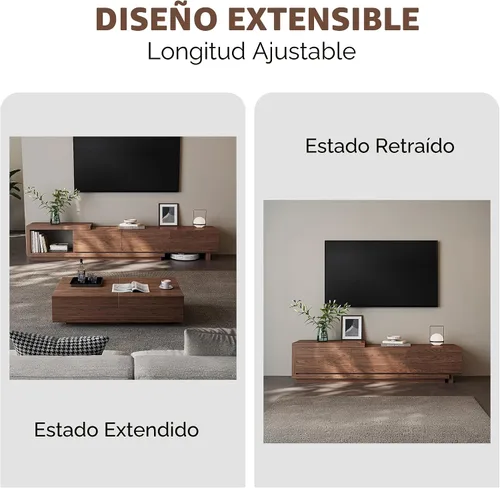 Miniatura 4 de Soporte de TV extensible para televisores de 65 a 100 pulgadas, consola de entretenimiento de nogal con 3 cajones y 1 compartimento