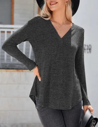 Miniatura 2 de iGENJUN Camisas de manga larga para mujer, moda de otoño, manga larga, cuello en V, túnica para leggings, ajuste holgado, rosa, S
