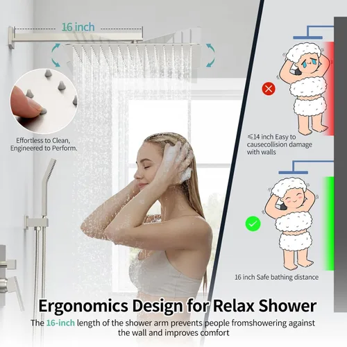 Miniatura 5 de SR SUN RISE Grifo para ducha - Sistema de ducha de lluvia de 16 pulgadas - Cuerpo de grifo de ducha de metal completo - Níquel cepillado