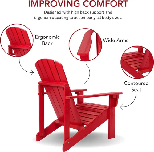 Miniatura 5 de Shine Company Silla Adirondack de madera moderna Mid-Century para patio al aire libre, respaldo y asiento premontado, rojo chile