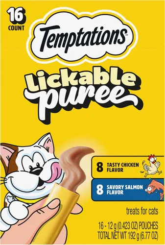 Miniatura 16 de Temptations Creamy Puree - Golosinas húmedas exprimibles para lamer para gatos con salmón, tubos de 0.42 onzas, 16