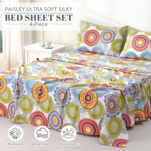 Miniatura 2 de Bedlifes Juego de sábanas King ultra suaves, transpirables, con bolsillo profundo de flores sedosas, 100% microfibra, 4 piezas, tamaño King, Mandala