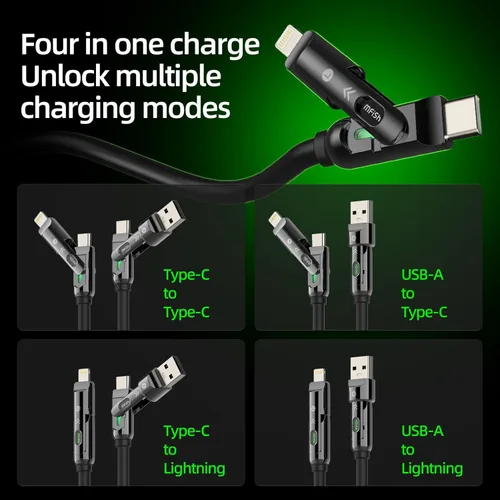 Miniatura 3 de MFish Cable de carga rápida 4 en 1, 6.6 pies 240 W PD 3.1 USB-A/USB-C a USB-C e Lightning, cable de carga múltiple de silicona con funda, compatible