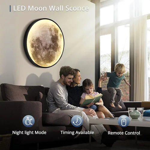 Miniatura 2 de Lámpara de pared de luna regulable de 19.6 pulgadas con control remoto, moderna lámpara de pared LED enchufable, lámpara de pared negra de 24 W