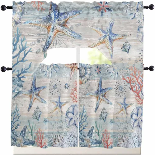 Miniatura 11 de Cortinas de cocina con cenefa de cangrejo oceánico, cenefa con bolsillo para barra, paneles de cortina para dormitorio, sala de estar, baño
