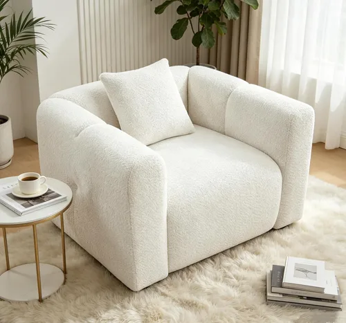 Miniatura 10 de Juegos de muebles de sala de estar VANOMi incluyen sofá de 95" y sillones de 42", sofá tapizado de bouclé extragrande con almohadas, juego de Blanco