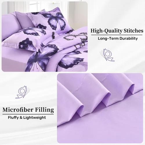 Miniatura 5 de ARTALL Bed in A Bag - Juego de edredón de 5 piezas, tamaño twin, diseño de mariposas grandes, color morado, para todas las estaciones, con edredón